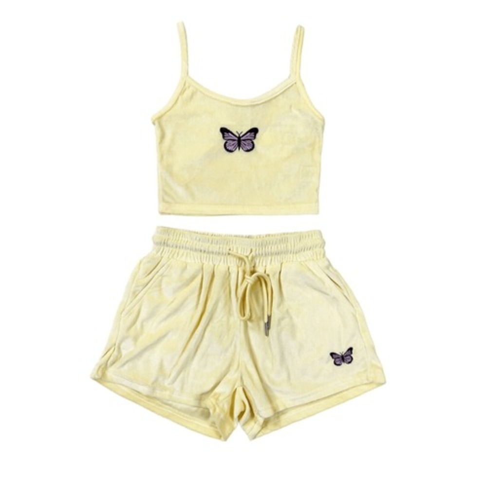 Shein Yellow‎ Velour Butterfly Crop Tank Top & Shorts Set Size XS